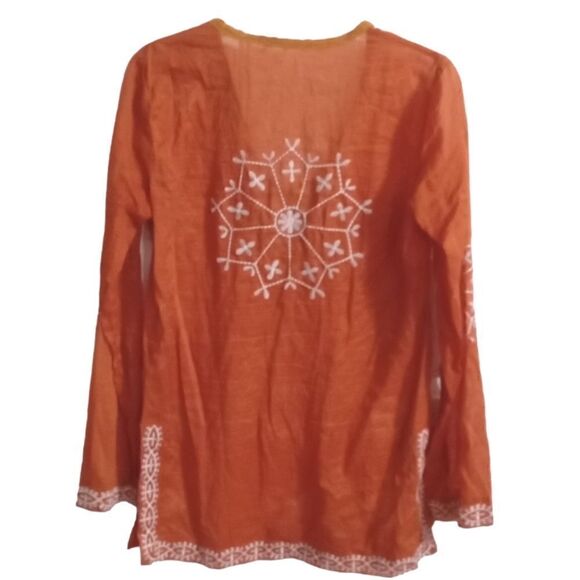 Mur Mur Sheer Embroidered Tunic Size M Orange and White V Neck with Tie - Picture 2 of 10